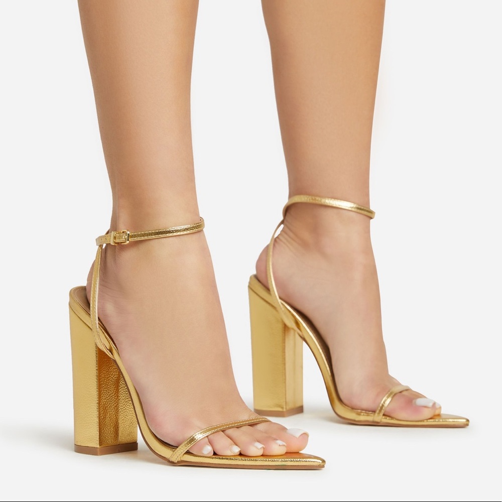 Ego Shoes COMPASS ANKLE STRAP POINTED TOE BLOCK HEEL IN GOLD l FAUX LEATHER